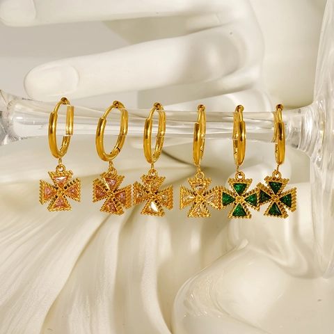 18K Gold Plated 304 Stainless Steel Cross Pendant Hoop Earrings For Women With Triangular Zircon Retro Elegant Jewelry
