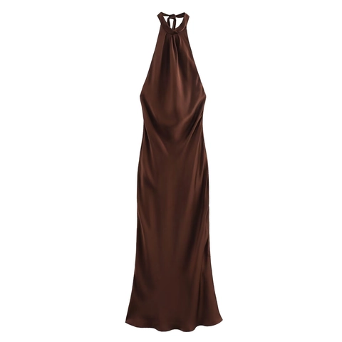 Satin Maxi Kleid Neckholder Rückenfrei Plissee Elegant Party Abend Lang Ärmellos Seidiges Kleid Für Frauen