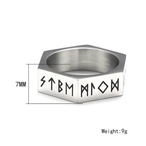Viking Rune Hexagon Ring Engraved Titanium Steel Nordic Retro Punk Style Jewelry For Men Band