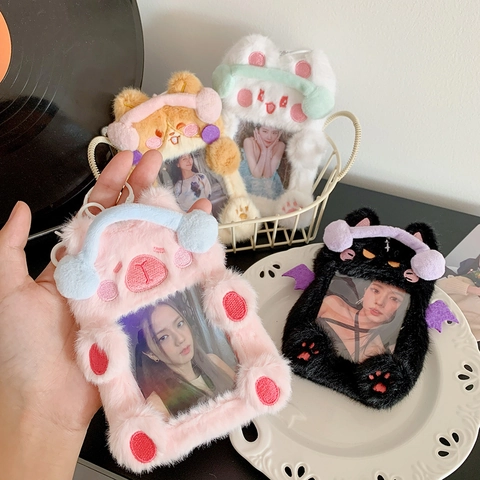 Kawaii Plüsch Tier Fotokartenhalter Kunstfell Katze Bär Design Mit Schlüsselanhänger Haken Süße Schultasche Deko