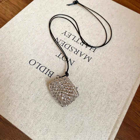 Retro Hollow Cube Pendant Necklace Alloy Woven Texture Black Wax Rope Long Chain Minimalist Jewelry Women