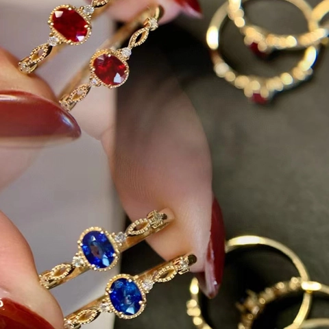 Vintage Kupfer Vergoldeter Ring Für Damen Oval Blau Rot Edelstein Strass Spitze Verstellbarer Offener Ring Finger Schmuck