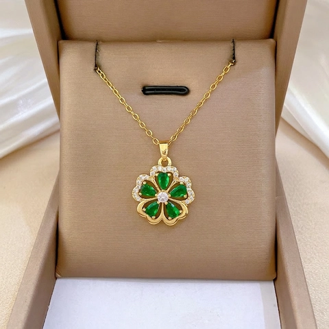 Collana Con Pendente A Fiore Acciaio Inossidabile Strass Verdi Micro Intarsiato Catena Per Clavicola Gioielli Per Donna