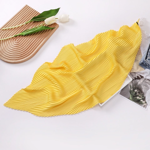 Women Fashion Pleated Satin Square Scarf Solid Color Floral Leopard Paisley Print Hair Band Neck Wrap Lightweight Shawl