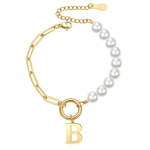 Initial Letter Pendant Bracelet Stainless Steel Imitation Artificial Pearl Patchwork Paperclip Chain Adjustable Fashion Jewelry