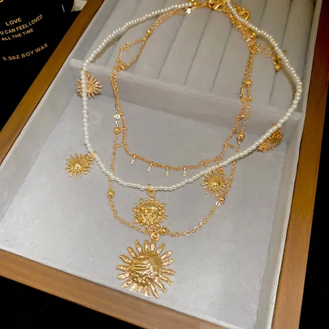 Vintage Layered Necklace For Women Gold Color Alloy Imitation Artificial Pearl Sun Face Pendant Choker Clavicle Chain Jewelry