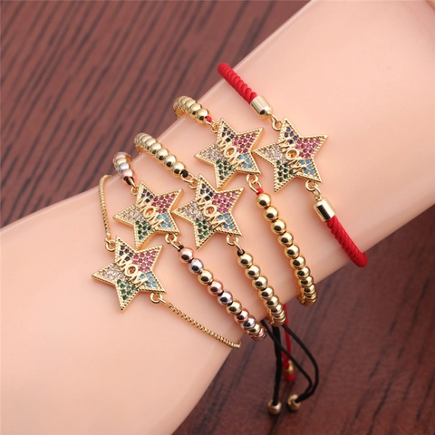Mode MAMA MOM Brief Stern Hamsa Hand Armband Kupfer Bunte Zirkon Verstellbar Geflochtenes Seil Muttertag Geschenk