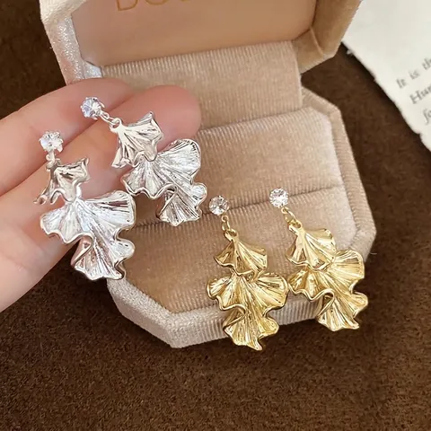 Ginkgo Blatt Ohrhänger Mit Zirkonia Legierung Plissiert 925 Sterling Silber Ohrstecker Elegant Für Damen