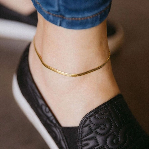 Minimalist 316L Stainless Steel Flat Snake Chain Anklet For Women Men Gold Silver Plated PVD Herringbone Foot Jewelry Beach Vacation Accessory