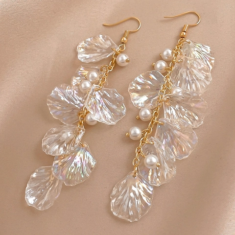 Pendientes Largos De Flores De Acrílico Iridiscente Con Perla Artificial Y Poste De Plata De Ley 925 Elegante Vintage Para Mujer