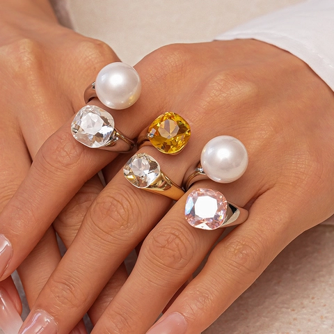Square Crystal Imitation Artificial Pearl Open Ring Copper Luxury Unique Adjustable Finger Jewelry For Women