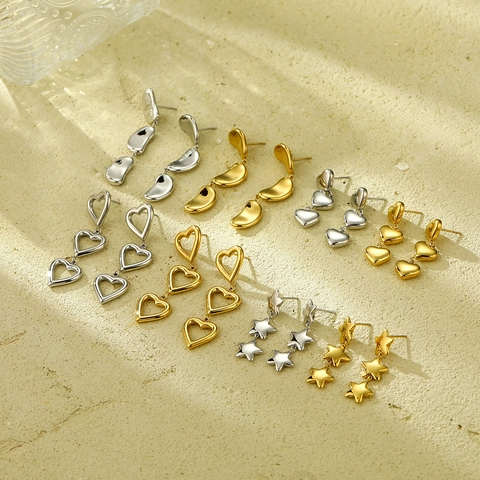 Orecchini a Goccia Vintage in Acciaio Inossidabile a Forma di Cuore Pentagramma Fagiolo Placcati Oro 18K Argento Donna