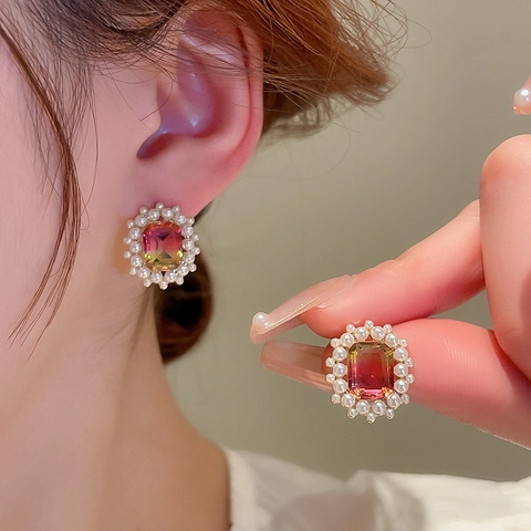 Vintage Gradient Square Gemstone Stud Earrings With Faux Artificial Pearl And Silver Earring Post French Fashion Jewelry For Women