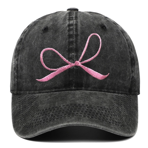 Vintage Washed Cotton Baseball Cap With Pink Bow Embroidery Retro Casual Dad Hat Adjustable Sun Protection For Women