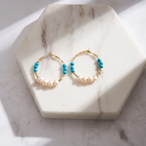 925 Sterling Silver Hoop Earrings With Natural Turquoise And Freshwater Pearl 14K Gold Plated Bohemian Vintage Jewelry For Women