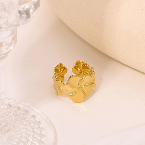 Floral Open Ring Stainless Steel Gold Plated Adjustable Frangipani Fashion Jewelry For Women Waterproof Hypoallergenic