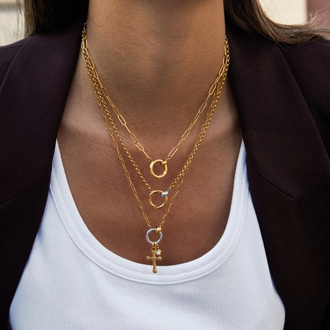 Collana In Acciaio Inossidabile Con Ciondolo A Croce Placcata Oro 18K Colore Misto Fibbia Rotonda Catena A Graffetta Donna