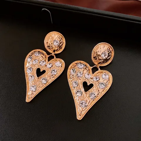 Pendientes De Gota Corazón Aleación Textura Martillada Con Pedrería Y Poste De Plata De Ley 925 Vintage Para Mujer