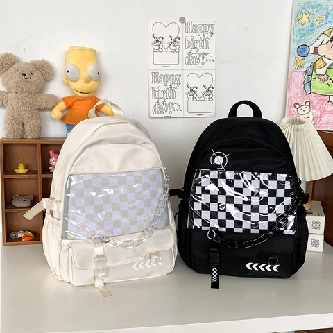 Mochila Estética De Nylon Para Estudiantes Gran Capacidad Moda Bolso Ita Con Patrón De Cuadros Ventana Transparente Y Cadena De Acrílico