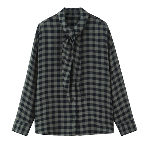 Women Plaid Blouse Long Sleeve Tie Neck Bow Polyester Button Down Casual Shirt Tops