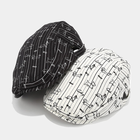Coppola Retrò In Cotone A Righe Con Simpatico Motivo A Bassotto Fibbia In Metallo Regolabile Unisex Ivy Hat Casual