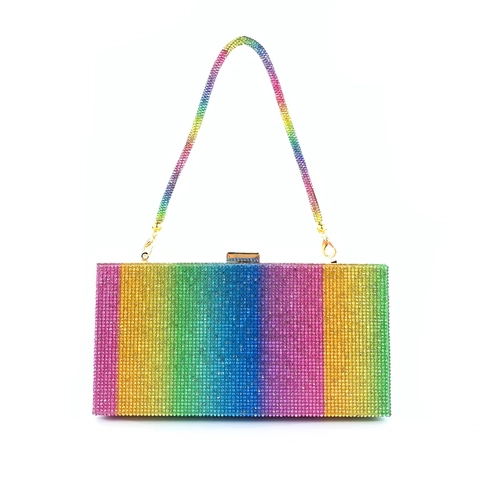 Rainbow Rhinestone Evening Clutch Bag Colorful Striped Formal Party Handbag Gold Chain Strap Women Luxury