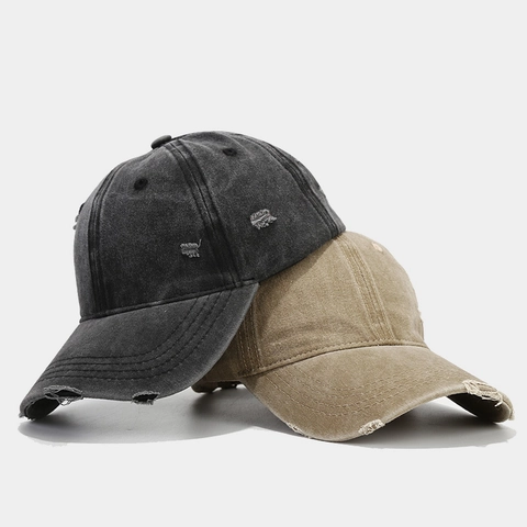 Washed Cotton Baseball Cap Distressed Ripped Vintage Sun Hat Adjustable Breathable Retro Streetwear Unisex Solid