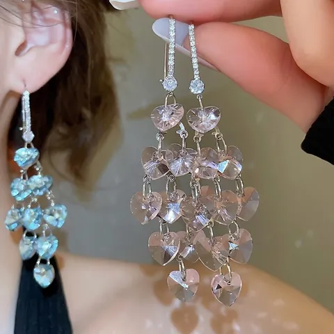 Funkelnde Herzförmige Kristall Zirkon Lange Quasten Ohrhänger Für Damen Eleganter Schmuck Mit Silbernem Ohrstecker