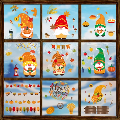 Autumn Thanksgiving Window Clings Gnomes Pumpkin Maple Leaf PVC Static Stickers For Glass Decor Both Sides Printing