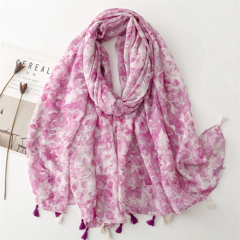 Women Floral Print Scarf Sun Protection Beach Shawl Ethnic Style With Tassels Lightweight Polyester Voile Long Wrap
