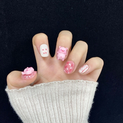 Handgemaakte Press On Nagels Met 3D Varken En Strik Roze Wit Cartoon Zoete Stijl Kunstnagels