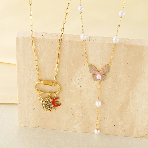 Gold Plated Stainless Steel Pendant Necklace Zircon Faux Artificial Pearl Enamel Heart Butterfly Sun Moon Star For Women Trendy Jewelry