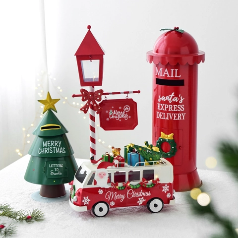 Christmas Iron Mailbox Sleigh Snowman Bus Ornament With LED Light Red Green Retro Desktop Metal Decoration For Hotel Store Xmas Party