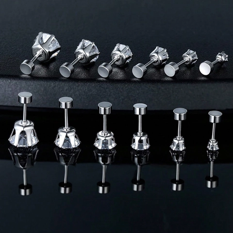 Pendientes de Botón de Acero Inoxidable con Zirconia para Mujeres Hombres Rosca Trasera Plana Piercing Cartílago Joyería