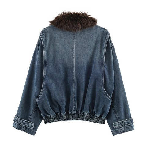 Dames Vintage Donkerblauwe Spijkerjas Met Bruine Kunstbontkraag Losse Korte Jean Jas Casual Bovenkleding Herfst Winter
