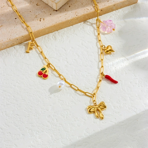 Vintage Edelstahl Gold Multi Anhänger Halskette Für Damen Herz Schleife Schmetterling Kirsche Kreuz Böser Blick Schmuck