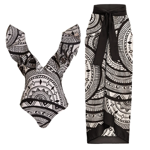 One Piece Swimsuit And Sarong Wrap Skirt Women Polyester Ruffle Deep V Neck Tribal Geometric Print Beachwear