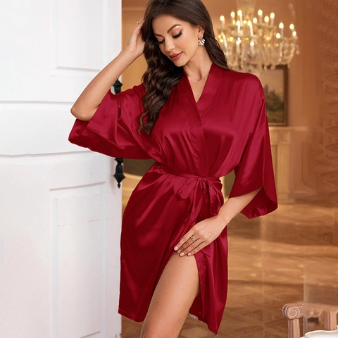 Robe De Chambre En Satin Pour Femmes Style Kimono Avec Ceinture Vêtements De Nuit Légers Peignoir Élégant