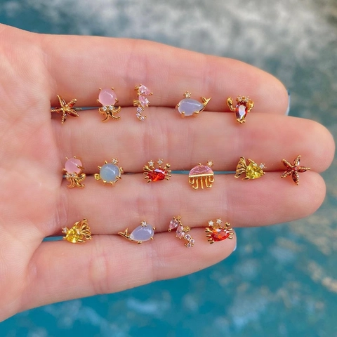 Cute Alloy Rhinestone Stud Earrings Colorful Fruit Animal Marine Life Shape Women Fashion Ear Jewelry Gift Simple Earrings