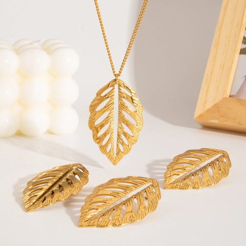 Hollow Leaf 304 Stainless Steel Necklace Earrings Hair Clip Golden Hypoallergenic Waterproof Elegant Fashion Jewelry Women Accessories