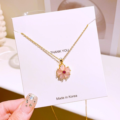 Pink Sakura Flower Pendant Necklace Cat Eye Stone Zircon Titanium Steel Copper Gold Tone Elegant Jewelry Women
