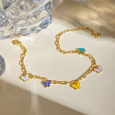 Schmetterling Charm Fußkettchen Bunte Emaille Edelstahl 16k Vergoldet Sommer Strand Fußschmuck Für Damen Elegant Mode
