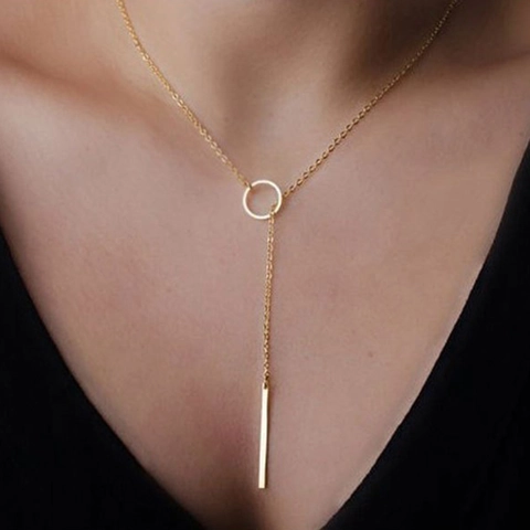 Minimalist Lariat Necklace Stainless Steel Geometric Circle And Vertical Bar Pendant Y Shaped Long Chain For Women