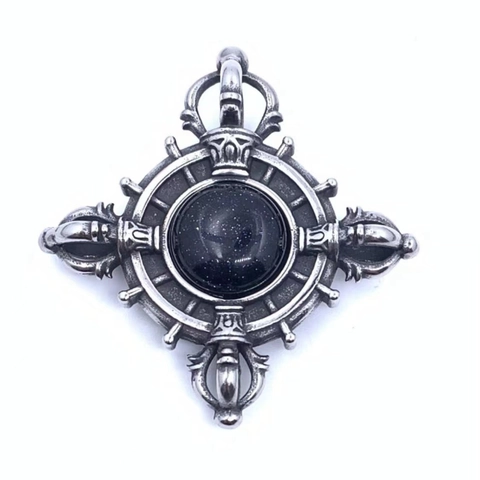 Vintage Stainless Steel Vajra Cross Pendant Necklace For Men Blue Sandstone Inlaid Buddhist Punk Retro Religious Jewelry