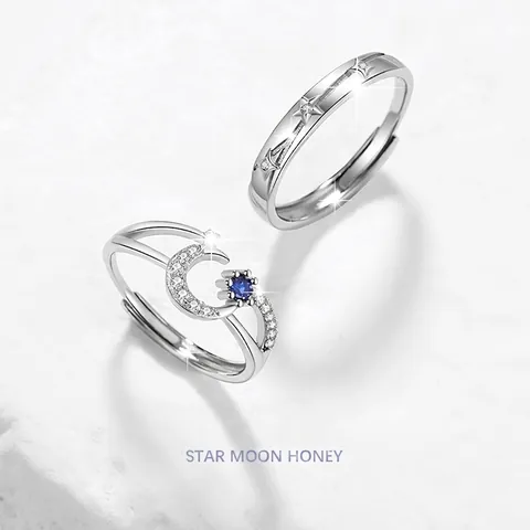 925 Sterling Silver Moon Star Couple Rings For Men Women Adjustable Zirconia Blue Stone Romantic Finger Ring Jewelry Gift