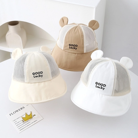 Baby Zonnehoed Ademend Mesh Katoen Visserhoed Brede Rand Schattige Berenoren Zomer Strand Outdoor Pet Voor Kinderen
