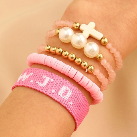 WWJD Religious Bracelet Featuring Cross And Saint Pendant Polymer Clay Heishi Beads Woven Adjustable Jewelry For Women