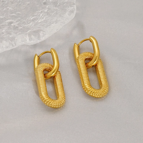 Retro Geometric Double Hoop Earrings 18K Gold Plated Stainless Steel Textured Elliptical Drop Jewelry For Women
