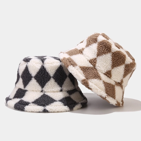 Cappello Alla Pescatora In Pile Sherpa Unisex Spesso Caldo Invernale Motivo A Scacchi Diamante Cappello In Peluche