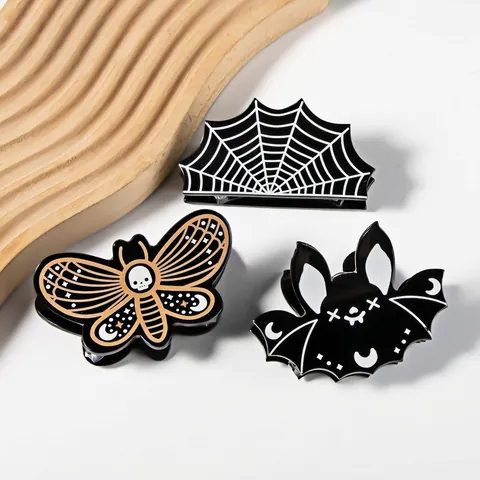 Mollette Per Capelli Halloween Acrilico Pipistrello Tela Di Ragno Teschio Falena Gotico Novità Accessori Festa Donna